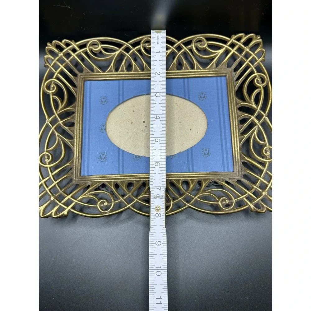 Vintage Ornate Brass Metal Scrollwork Picture Frame with Oval Blue Matte 8x9.5